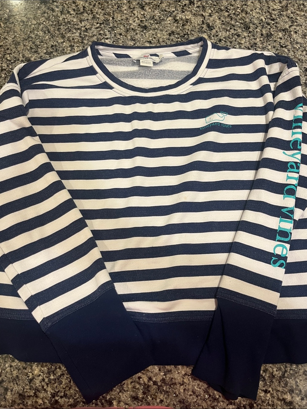 Vineyard Vines Navy & White Striped Long-Sleeve Tee with Teal Logo